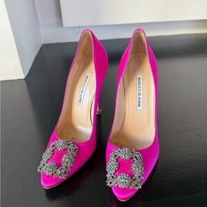 Manolo Blahnik Fuchsia Satin Heels with Embellishment